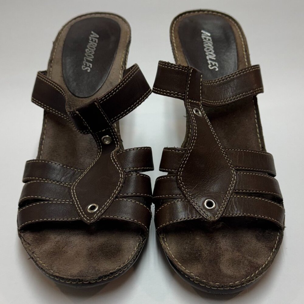 AEROSOLOES Women's 9.5 Dark Brown Leather Slip On Heeled Sandals